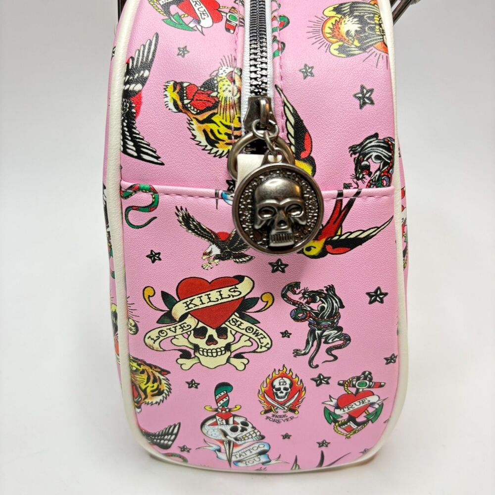 ED HARDY Tattoo Hearts Skull Womens Pink/White Mini Bowler Bag Purse - Picture 2 of 9